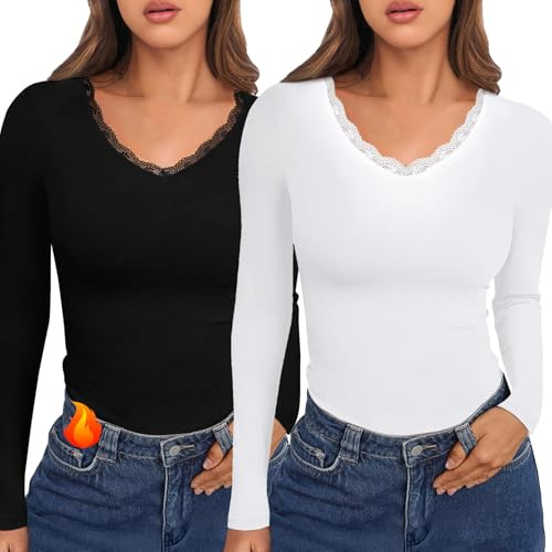 Crewhpo Womens Thermal Tops Long Sleeve Lace V Neck Base Layer Slim Fit | Soft Basic Undershirt, Lightweight Underwear Shirt, Winter Warm Layers, Cold Weather Outfits, Under Cardigans and Coats
