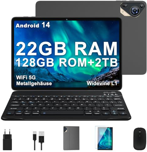 SKYEGG Tablet 10 Zoll Android 14, 128GB Speicher (erweiterbar 2TB), 8000mAh Akku, Tablet mit Tastatur & Maus, Metallgehäuse – Weiches Grau