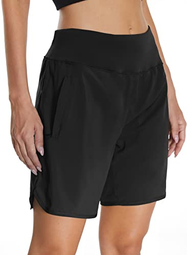 Mesing Pantaloncini Sportivi Running Donna a Vita Alta Pantaloni Corti Palestra Allenamento Corsa Traspirante Sport Shorts con Slip Interni e Tasche Posteriori con Cerniera Nero XS