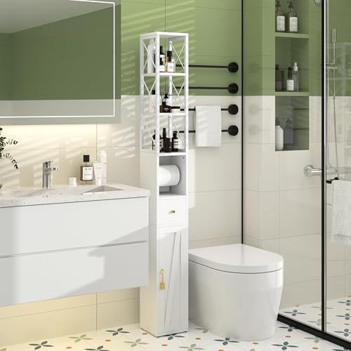 VECELO 170cm Tall Slim Bathroom Cabinet, Freestanding Bathroom Storage with 3 Open Shelves, 1 Door Cupboards, 1 Drawer and Toilet Paper Scroll for Narrow Small Space, Living Room, Bedroom