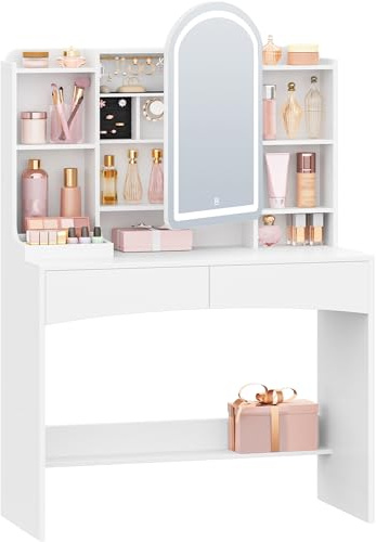 Hzuaneri Coiffeuse avec Éclairage LED, Grand Plateau de 90cm, Coiffeuse avec Miroir Rond Arqué, Rangement de Bijoux Caché Derrière Le Miroir, 3 Couleurs, Blanc DT41403XEU