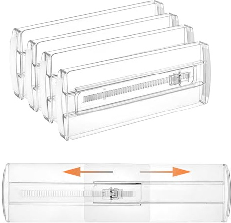 Wotendy 4 Pezzi Divisori per Cassetti in Plastica, Altezza 10 cm, 26,9-43,2 cm Organizzatori per Cassetti Regolabili, Separatori per Cassetti per Camera da Letto/Bagno/Cucina/Ufficio