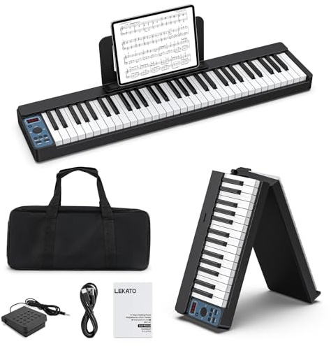 LEKATO Faltbares Elektronisches Keyboard mit 61 Tasten, 61-Tasten-Klapptastatur mit Anschlagdynamik, Wiederaufladbar, Bluetooth MIDI, Tragbare Tasche, für Anfänger/Musikliebhaber/Kind
