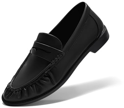 Coutgo Penny Loafers for Women Comfortable Slip on Shoes Closed Toe Dressy Casual Work Flats, Black, Size 8