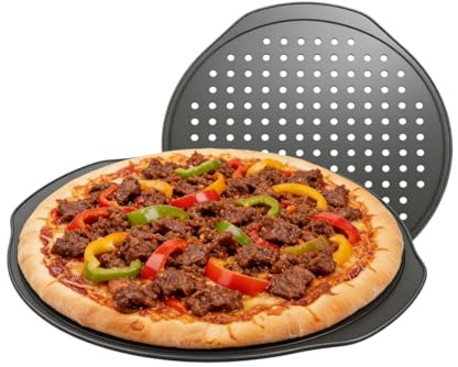 OHiZVZV 2 Stück Pizzableche, 32 cm Rundbleche aus Carbonstahl, perforiert & antihaftbeschichtet, für knusprige Pizza, Flammkuchen und Brot, ofenfest bis 260°C, spülmaschinengeeignet (Grau)