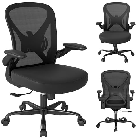 Keratee Ergonomic Office Chair with Adjustable Lumbar Support, 136 KG Swivel Desk Chair with Flip-Up Arms, Mesh Comfy Padded Seat for Computer and Home, Black