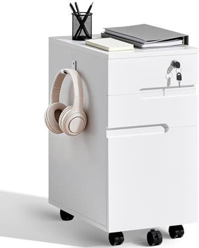LEMROE 3 Drawers Filing Cabinet Lockable with Wheels, Office Storage White | W30cm Under Desk Drawers, Printer Stand with Suspension File Hanging Rails for A4/Letter/Legal, Anti-Tilt Mobile Unit Wooden