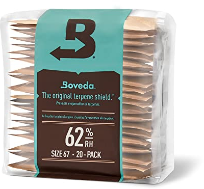 Boveda zur Aufbewahrung von Kräutern | 2-Wege-Feuchtigkeitsregulierung mit 62 % relativer Feuchtigkeit | Größe 67 schützt bis zu 450 g Blüten | verhindert den Verlust von Terpenen, Übertrocknung & Schimmel | wiederverschließbare Verpackung mit 20 Stück