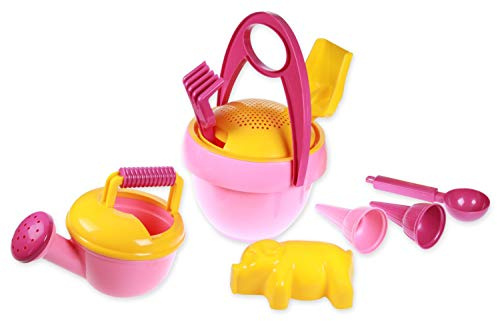 LENA - 05421 - Set de jeu de sable Happy Sand fille, avec 10 pièces, pour enfants à partir de 2 ans, avec seau, tamis, pelle, râteau, arrosoir, cuillère à glace, 2 cornets à glace et 2 petits moules