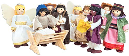 Unbekannt Krippefiguren Biegepuppen Set aus 10 Figuren und 1 Holzkrippe