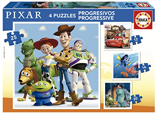 Educa - Pixar Progressifs | Ensemble de 4 Puzzles progressifs pour Enfants de 12 à 25 pièces. Mesurer Une Fois monté: 16 x 16 cm. Composé de Grandes pièces Parfaitement finies. +3 Ans (19681)