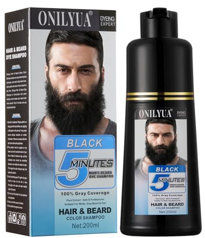 Men's Black Beard and Hair Dye Shampoo 3 in 1 - Long-Lasting Herbal Coloring for Gray Hair, Mustache & Beard in Minutes, 6.76 Fl Oz