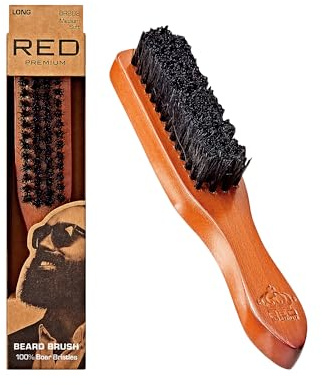 Red by Kiss Beard Brush with 100% Natural Boar Bristles for Men, Premium Wooden Brush, Beards Mustaches Grooming Shaving Comb, Tame and Soften Facial Hair (Long Handle)