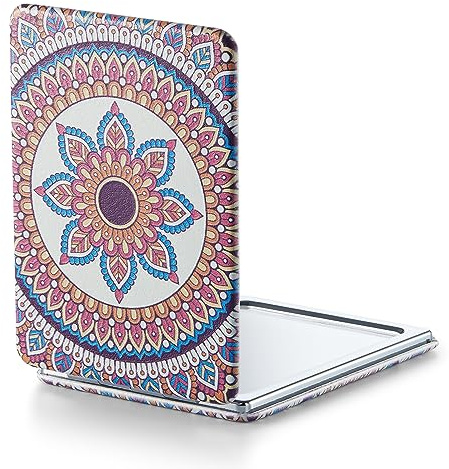 OMIRO Miroir grossissant 1X/3X, Peinture Unique Miroir Compact avec Cuir PU Classique, 8,5 * 6,2cm (Mandala de Fleurs Rouges)