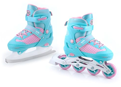 SMJ Lily Kinder Mädchen Set 2in1 Inliner/Schlittschuhe VERSTELLBAR | ABEC-7 Rollschuhe | Inlineskates umbaubar zu Eislaufschuhe | Türkis/Rosa (L (38-41))