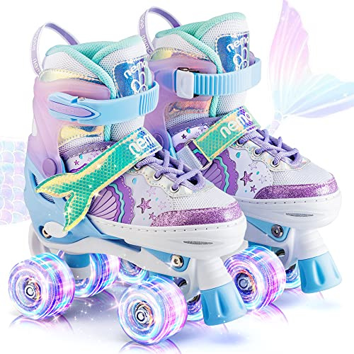 NEMONE Mermaid Adjustable Roller Skates for Girls | 8 Light Up Wheels, Beginner Roller Skates for Kids & Toddlers, Indoor & Outdoor Use, Multiple Sizes
