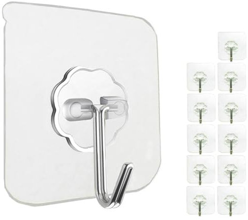 Jiaweixiang 12 Pack Heavy Duty Sticky Wall Hooks - 33lb Max, Transparent, Waterproof, Self Adhesive Hooks for Keys, Bathroom, Shower, Outdoor, Kitchen, Door, Home Improvement, Utility