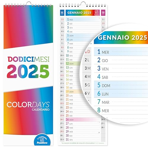 Calendario 2025 da Muro Olandese SLIM COLOR | Stretto, occupa poco spazio - In Carta NON Patinata ideale per segnare Appuntamenti ed Impegni | Dimensioni 15x42 | 16 facciate | Positivo