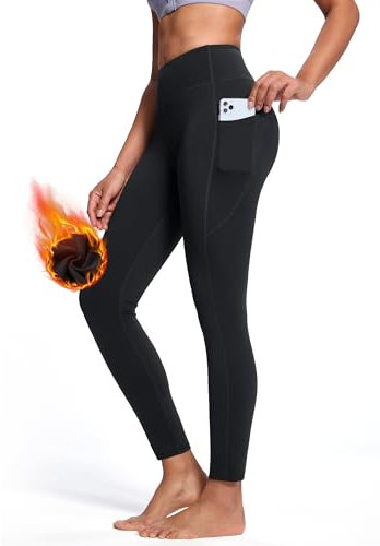 MOVE BEYOND Thermo Leggings Damen 66CM Winter Gefüttert Wanderleggings mit Taschen Hohe Taille Blickdicht Strumpfhose für Sport, Schwarz, Small