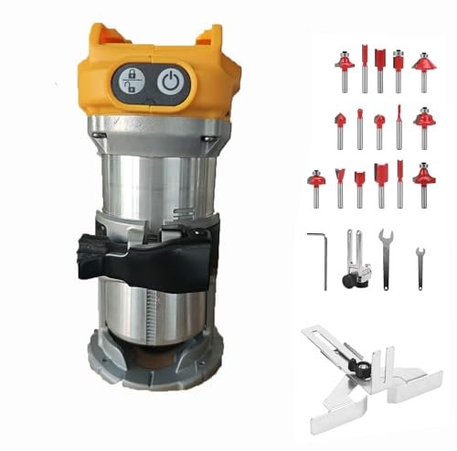 Akku Oberfräse kompatibel mit Dewalt 20V Akku, 1300W Bürstenlose Kantenfräser mit 6 Geschwindigkeiten, gerader Führung, Führungsrad, 15 Fräsern und Staubkanal (ohne Batterie)