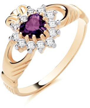 Old English Jewellers 9ct Yellow Gold on Silver Amethyst & CZ Irish Claddagh Ring Love Loyaly & Freindship size J to U (J)