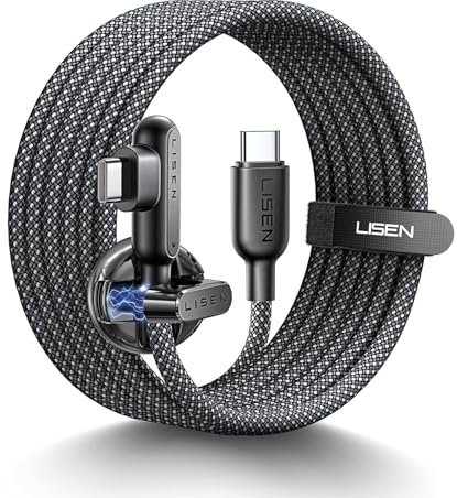LISEN USB C to USB C Charger Cable 100W, Type C Charger Cable Fast Charging [2M, Cord Holder] Right Angle USBC to USBC for iPhone 17 16 15 Pro Max, MacBook Pro/Air, HP, iPad Air 5, Galaxy S25, PS5