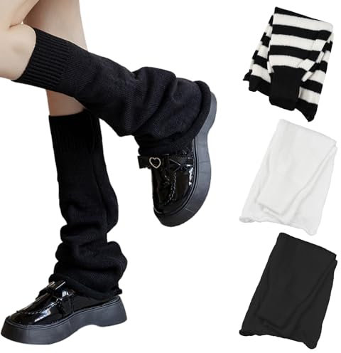 EUIEUT 3 Paar Lange Beinstulpen Winter Beinwärmer Stiefelsocken Stulpen für Damen Stulpensocken Winterwärmer Gestrickt Stulpen Strumpf Schwarz Weiß Long Leg Warmers Mädchen Kniestrümpfe Legwarmers