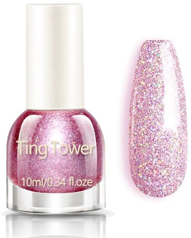 Pink Glitter Nail Polish - Shimmering Sparkly Purple Pink Nail Varnish - Quick Dry Nail Polish - High Glossy Long Lasting Nail Art No Need UV DIY Nail Art
