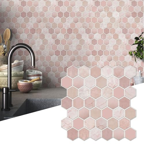 10 Pezzi Carta da Parati Adesiva per Cucina e Bagno, 30 x 30 cm Piastrelle Autoadesive Cucina Più Spesso, Piastrelle Adesive Murali 3D Impermeabili (Rosa)