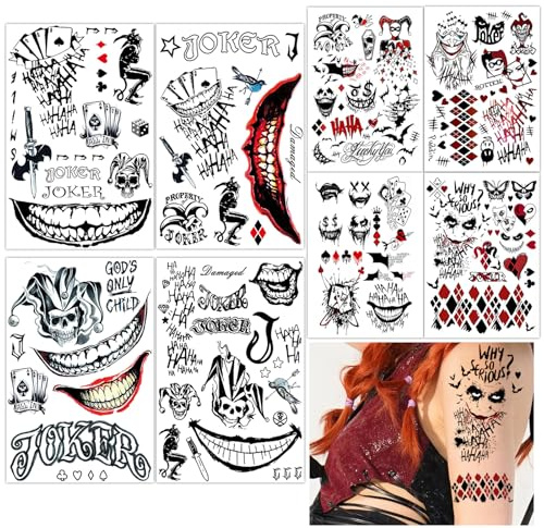 Qpout 8 Fogli Grandi Joker Tatuaggi Temporanei, Scary Clown Halloween Cosplay Fake Tattoo Adesivi Perfetto per Uomini Donne Adulti Masquerade Party Trucco Accessori