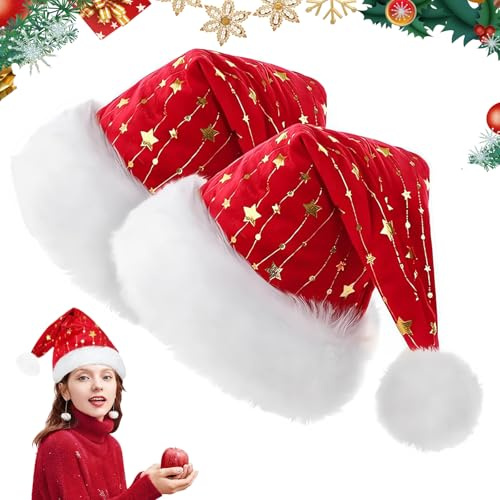 ISparbox Chapeaux de Père Noël en Peluche, 2 Pièces Bonnets de Noël avec Étoiles Dorées, Rouge Bonnet de Père Noel Bord en Fourrure pour Adultes, pour Fête de Noëls Décoration Jeux de Rôle