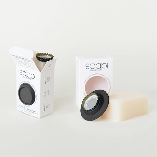 Juego de 2 jaboneras con jabón, Soapi, tapas de corona, soporte magnético flotante para pegar en la pared, soporte magnético para pared, dispensador de jabón, soporte magnético sin taladrar ni ventosa