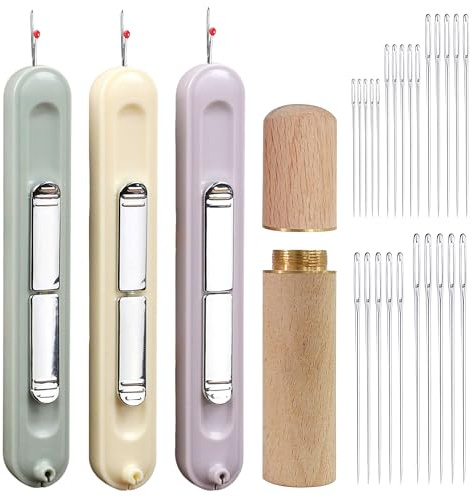 29pcs 2-in-1 Needle Threaders and Portable Seam Ripper Set with Beech Wood Needle Case Including 25 Hand Sewing Needles, Multifunctional Needle Threader Tools for Knitting, Embroidery, DIY Sewing