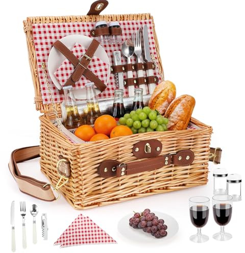 Jradse Set Premium Cesto da Picnic in Vimini per 2 Persone, con Scomparto Termico, Cinturino Regolabile, Piatti, Bicchieri, Posate, per Campeggio, Attività all'Aperto, Gite di un Giorno, Rosso