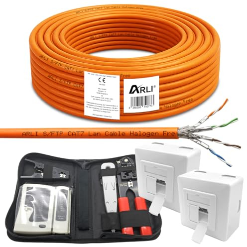 ARLI CAT 7 25m Verlegekabel Netzwerkkabel CAT.7 + 2x Netzwerkdose Cat6a + 1x Werkzeugset Crimpzange Abisoliermesser Tester Netzwerk Werkzeug Set 4 in 1 S/FTP CAT7 PIMF Kabel AWG23/1 Ethernet 25 m