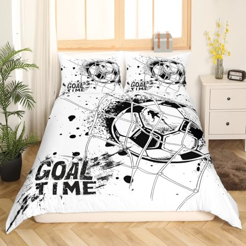 Erosebridal Kids Football Comforter Cover Full Size American Soccer Bedding Set Sports Games Duvet Cover for Boys Girls Children Geometric Polygon Bedspread Cover for Living Room, Black White