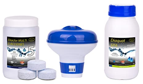 Kit Cloro Piscinas Pequeñas DIACLOR Multi 5 ACCIONES 500 GR (Pastillas 20 GR) SIN Cobre + Antialgas DIAQUAT SPA 500 ML + DOSIFICADOR