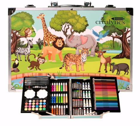 Maletín de dibujo infantil Los animales de la selva – Estuche grande de artista 145 piezas Dibujo, pintura y colorear para niño y niña – Kit de materiales, Lápices, Acuarela, Gomas, Pasteles