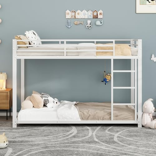 Kayan Etagenbett Kinderbett 90x200cm, Bettgestell Metallbett mit Leiter und Fallschutzgitter, Hochbett Eisenbett für Kinder Jugendliche und Erwachsene (Weiß, 90x200cm)