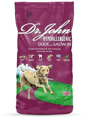 Dr John Hypoallergenic Duck & Salmon Dry Dog Food 12.5kg – Wheat Free & Chicken Free Dog Food Recipe for Sensitive Stomach & Allergies – Complete Adult & Senior Working Dog Food