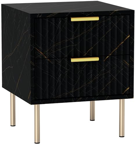 HOMCOM Marble Pattern Bedside Table, Fluted Bedside Cabinet with 2 Drawers, Side End Table with Steel Legs for Bedroom, Black