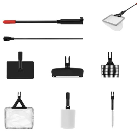 Set di attrezzi per la pulizia dell'acquario, 6 in 1, con asta telescopica regolabile, retino, spazzola ad angolo, spazzola piatta, grattacieli, torta di sabbia, tubo per acquari