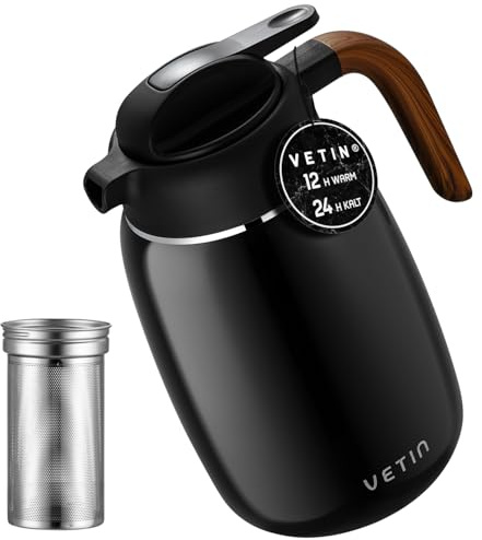 VETIN Thermoskanne mit Teesieb 1,5l, Isolierkanne aus Doppelwandige 304 Edelstahl, Teekanne Thermo mit Siebeinsatz, Kaffeekanne Thermo 12h Hitze/24h Kält (Schwarz)