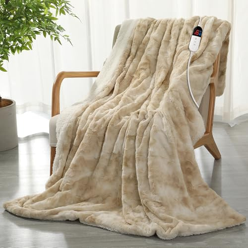 COZYTY Heated Blanket Soft Plush Electric Blanket 130x180cm Tie Dye PV Fleece Heated Throw Blanket White 6 Heat Settings & 10 Hours Auto-off Timer, Overheat Protection, Machine Washable, Milky-White