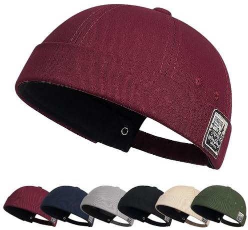 Tiakay Gorra Docker para Hombre de Algodón Sin Visera - Ajustable, Estilo Marinero, Puño Doblado, Retro, Gorra de Cabeza (Borgoña)