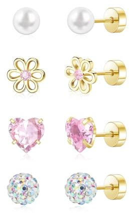 MIYUEFAN Lot de 4 paires de boucles d'oreilles mignonnes pour filles, petites boucles d'oreilles en forme de cœur, étoile, fleur, zircone cubique, hypoallergéniques, pour femmes et filles