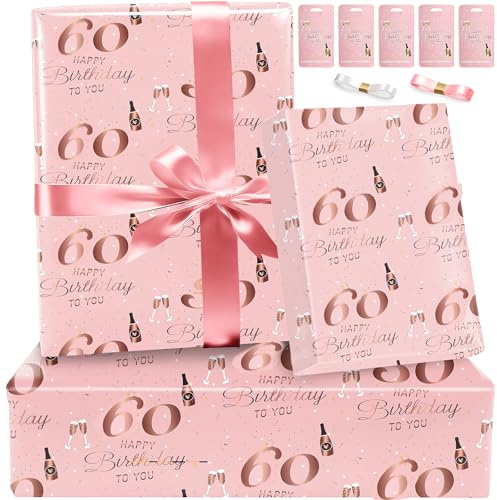 60th Birthday Wrapping Paper Set and Ribbon Tag,Luxury Gift Wrap Birthday Paper for Women Female Ladies,Recyclable Eco Gift Wrapping Paper Elegant Present Paper for Birhtday Gift Decoration,Rose Gold