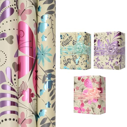 3 rollos de papel de regalo de cumpleaños de 43 cm x 3 m: Con estampados florales y de mariposas. Papel de regalo reciclable para cumpleaños y decoración de fiestas