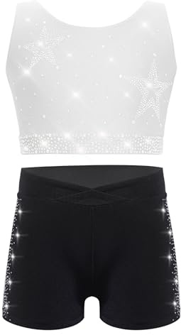 Yruioon Niña Set Deporte Traje Entrenamiento Bralette Deporte Con Destello Tops Con Shorts Traje Baile Leotard Ropa Gimnasia Blanco Negro 7-8 años