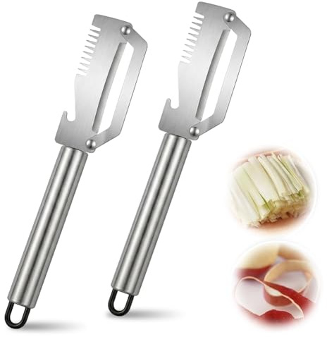2 Pezzi Sbucciatore 3-in-1 in Acciaio Inossidabile, Utensile da Cucina Multifunzione con Apriscatole e Taglia-julienne, 16cm Sbucciatore Resistente per Carote Patate, Tritacipolle, Levacapsule